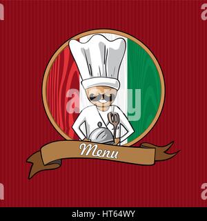 Chef man cartoon. Hand drawn illustration for menu design over silverware texture background. EPS10 vector. Stock Vector