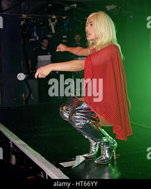 Bebe Rexha performs at G-A-Y, wearing a red bodysuit, red cape and thigh high silver leather boots. Set list: Take Me Home, Hey Mama, Me Myself & I, In The Name Of Love and new single I Got You.  Featuring: Bebe Rexha Where: London, United Kingdom When: 0 Stock Photo