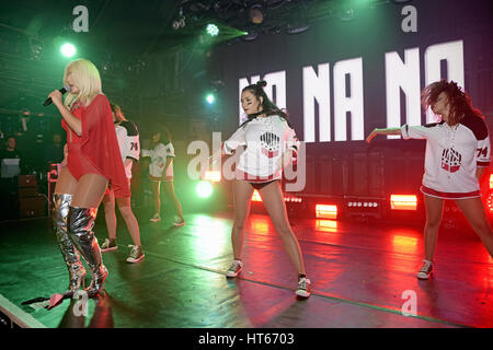 Bebe Rexha performs at G-A-Y, wearing a red bodysuit, red cape and thigh high silver leather boots. Set list: Take Me Home, Hey Mama, Me Myself & I, In The Name Of Love and new single I Got You.  Featuring: Bebe Rexha Where: London, United Kingdom When: 0 Stock Photo