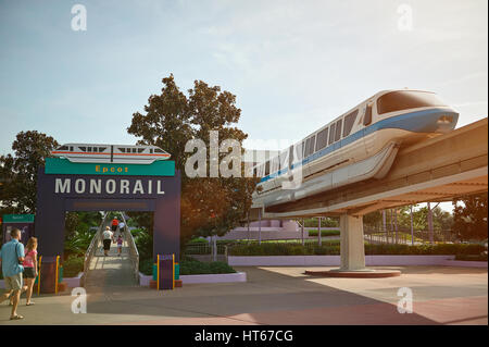 Orlando, USA - August 30, 2012: Entrance to monorail in Disney park. Future transportation in Disney resort park Epcot Stock Photo