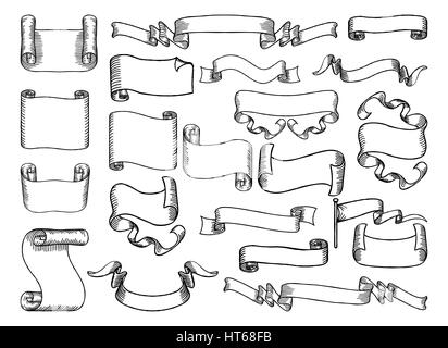 A set of paper scrolls, banners, ribbons and flags design elements in an engraved or etched hand line drawn style. Stock Photo