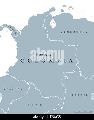 Colombia political map with capital Bogota, national borders and neighbors. Republic and transcontinental country in Central and South America. Stock Photo