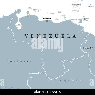 Venezuela political map with capital Caracas and national borders. Bolivarian and federal republic, a country on northern coast of South America. Stock Photo