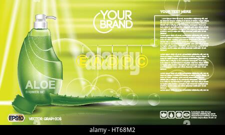 Digital vector green shower gel cosmetic container mockup, your brand, ready for print ads or magazine design. Aloe vera and soap bubbles. Transparent Stock Vector