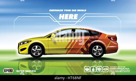 Digital vector yellow and red 4 seats sedan sport car mockup, ready for print or magazine design. Your brand, customize your decals. Blue and green ba Stock Vector