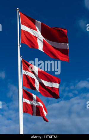 Three Danish flags at the Moesgaard Museum (MOMU), Hojbjerg near Aarhus, Denmark, Europe Stock Photo