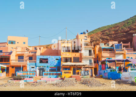 Cafes, restaurants and hotels, Legzira Plage, southern Morocco Stock Photo