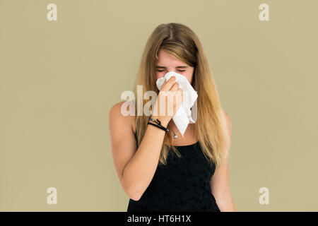 Blonde Girl Crying Sneezing Concept Stock Photo