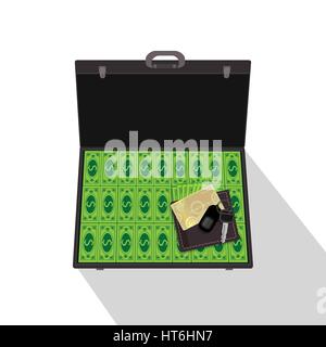 Case with dollars bank credit card with purse full and car keys realistic with abstract geometric design isolated on white background. Vector illustra Stock Vector