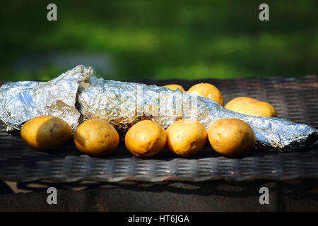 Baking lamb leg and potatoes on grill outdoors Stock Photo