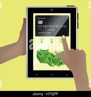 The concept of saving money on an account. Smart tablet background credit card realistic money with abstract geometric design, isolated on green backg Stock Vector