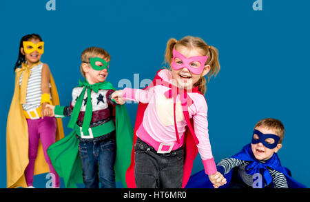 Little Kids Dressing Superhero Hold Hands Stock Photo