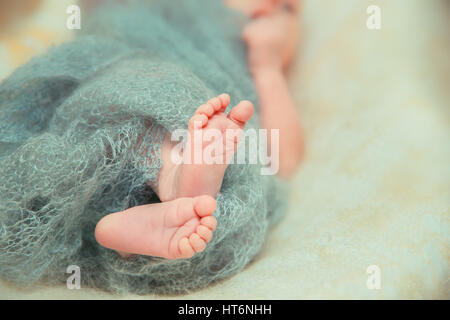 The soft feet of a newborn baby under a gray blanket. Stock Photo