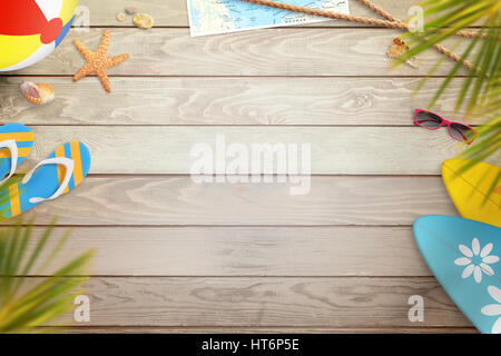 Summer beach items on wooden desk. Top view with free space for text. Slipers, palm, ball, surfboard, sunglasses, map, starfish and shell beside. Stock Photo