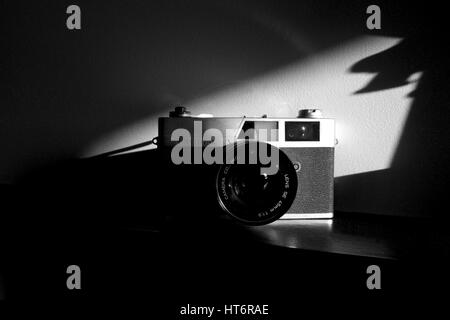 film camera, retro,35mm film vintage look, Black and white photograph, studio photograph Stock Photo