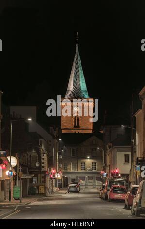 St John's Kirk clock tower and leaded spire overlook Perth city centre at night,Perth,Scotland,UK,