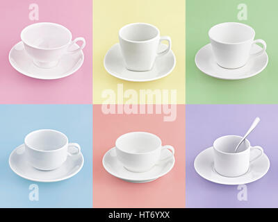Set of different cup of coffee on many color background Stock Photo