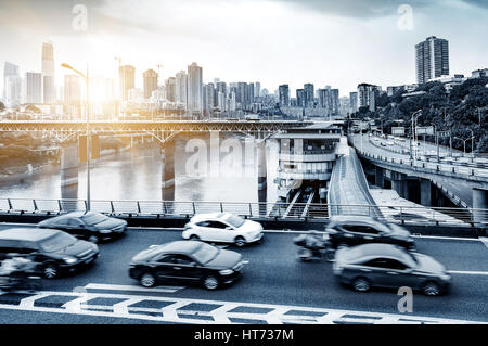 China Chongqing elevated light rail, modern city traffic perspective. Stock Photo