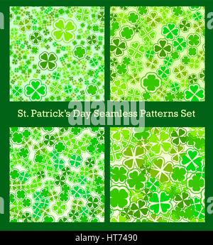 St Patricks Day seamless pattern set. Traditional shamrock lucky symbol. Clover green four-leaf. Cloverleaf irish holiday celebration sign. Scrapbook  Stock Vector