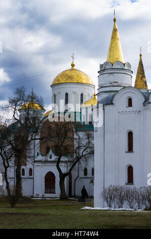 The Transfiguration Cathedral in Chernigiv, view from above with hill, sunny spring day, cloudy sky, March, Ukraine Stock Photo