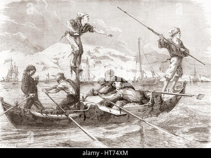 19th Century Fishermen Rowing Their Boat To Go Fishing. Old XIX Century ...