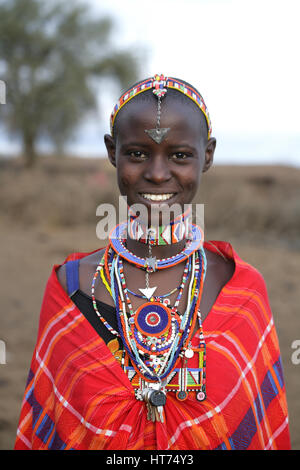 Masai married woman wearing traditional colourful beadwork. Kenya Stock Photo