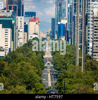 View from above of Paseo de La Reforma avenue and Angel of Independence Monument - Mexico City, Mexico Stock Photo