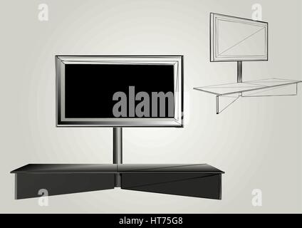 TV with stand. Living room led tv on grey color wall with empty  stand Stock Vector