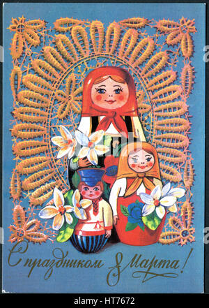 A greeting postcard printed in Soviet Union, shows a traditional Russian dolls. The inscription in Russian: International Women's Day! Stock Photo