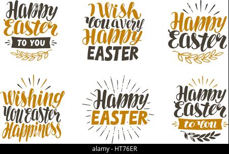 Happy Easter, label set. Hand drawn lettering, calligraphy vector illustration Stock Vector