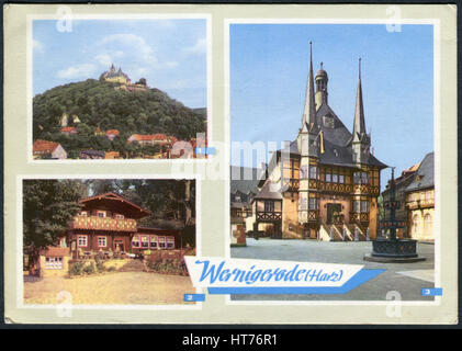 GERMANY - CIRCA 1968: A postcard printed in Germany, shows a Wernigerode Castle, Town hall and the restaurant 'Christianental', circa 1968 Stock Photo
