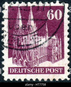 GERMANY - CIRCA 1948: A stamp printed in Germany (American and British Zone), shows the Cologne Cathedral, circa 1948 Stock Photo