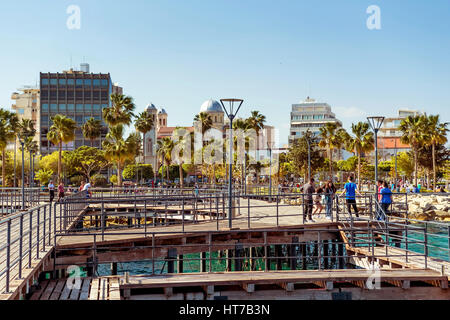 LIMASSOL, CYPRUS - APRIL 01, 2016: Limassol Cityscape and Seaside Park, view from wooden pier. Stock Photo