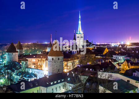 View of the Old City of Tallinn at sunset from a viewpoint in Toompea Hill on a beautiful winter night. A World Heritage Site since 1997. Stock Photo