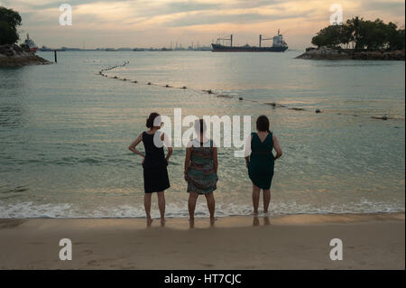 17.01.2017, Singapore, Republic of Singapore, Asia - Visitors look into the distance at Siloso Beach on Sentosa Island. Stock Photo