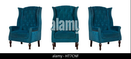 Textile classic blue chair isolated on white background. View from different sides - front and two side views Stock Photo