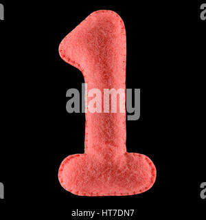 Number 1. Hand made number One from pink felt. Set of numbers from colorful felt isolated on black background Stock Photo