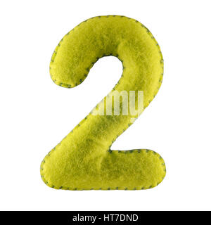 Number 2. Hand made number Two from green felt. Set of numbers from colorful felt isolated on white background Stock Photo