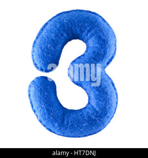 Number 3. Hand made number Three from blue felt. Set of numbers from colorful felt isolated on white background Stock Photo