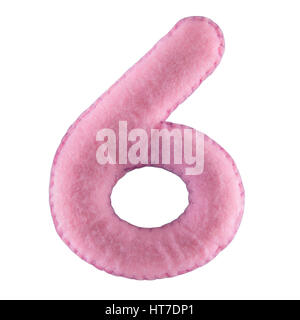 Number 6. Hand made number Six from pink felt. Set of numbers from colorful felt isolated on white background Stock Photo