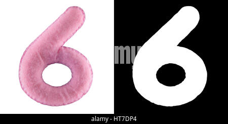 Number 6. Hand made number Six from pink felt. Set of numbers from colorful felt isolated on white with alpha mask Stock Photo