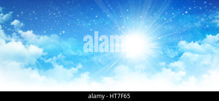 Early morning blue sky, shining sun breaking through white clouds, deep space and bright stars behind. Stock Photo