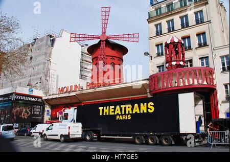 Exterior view of the famous Moulin Rouge cabaret theatre in Paris, France. The venue first opened in 1889 and was rebuilt in 1921.