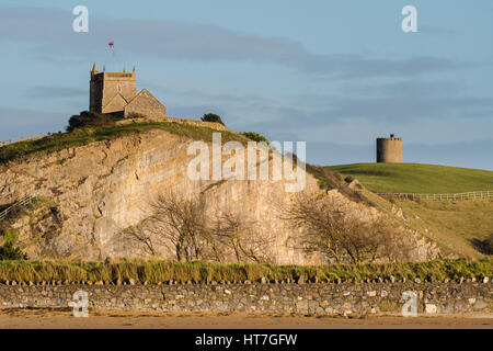 Old Church of Saint Nicholas, Uphill, Somerset, UK. Church and tower on Uphill Hill, with cliff, on the outskirts of Weston-super-Mare Stock Photo