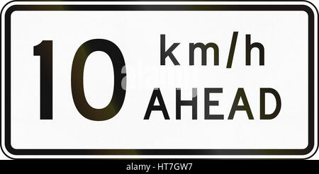 New Zealand road sign - Road works speed limit ahead, 10 kmh. Stock Photo