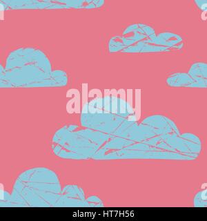 Cute seamless pattern with simple hand drawn textured clouds Stock Vector