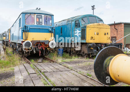 Many old diesel locomotives awaiting restoration at Nottingham Transport Heritage Centre, Ruddington, Nottinghamshire, England, UK Stock Photo