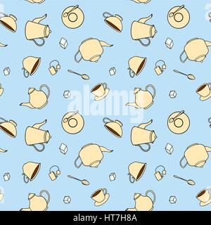 Tea themed hand drawn seamless pattern Stock Vector