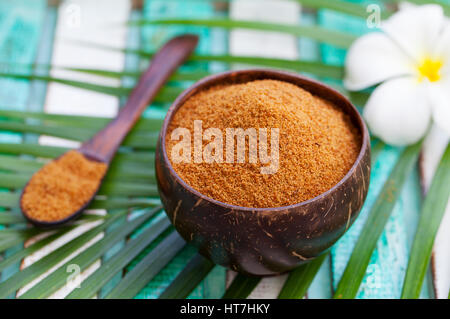 Coconut brown sugar in a wooden bowl. Stock Photo