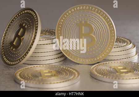 Close up of gold and silver bitcoin crypto currency money scattered on metal floor Stock Photo